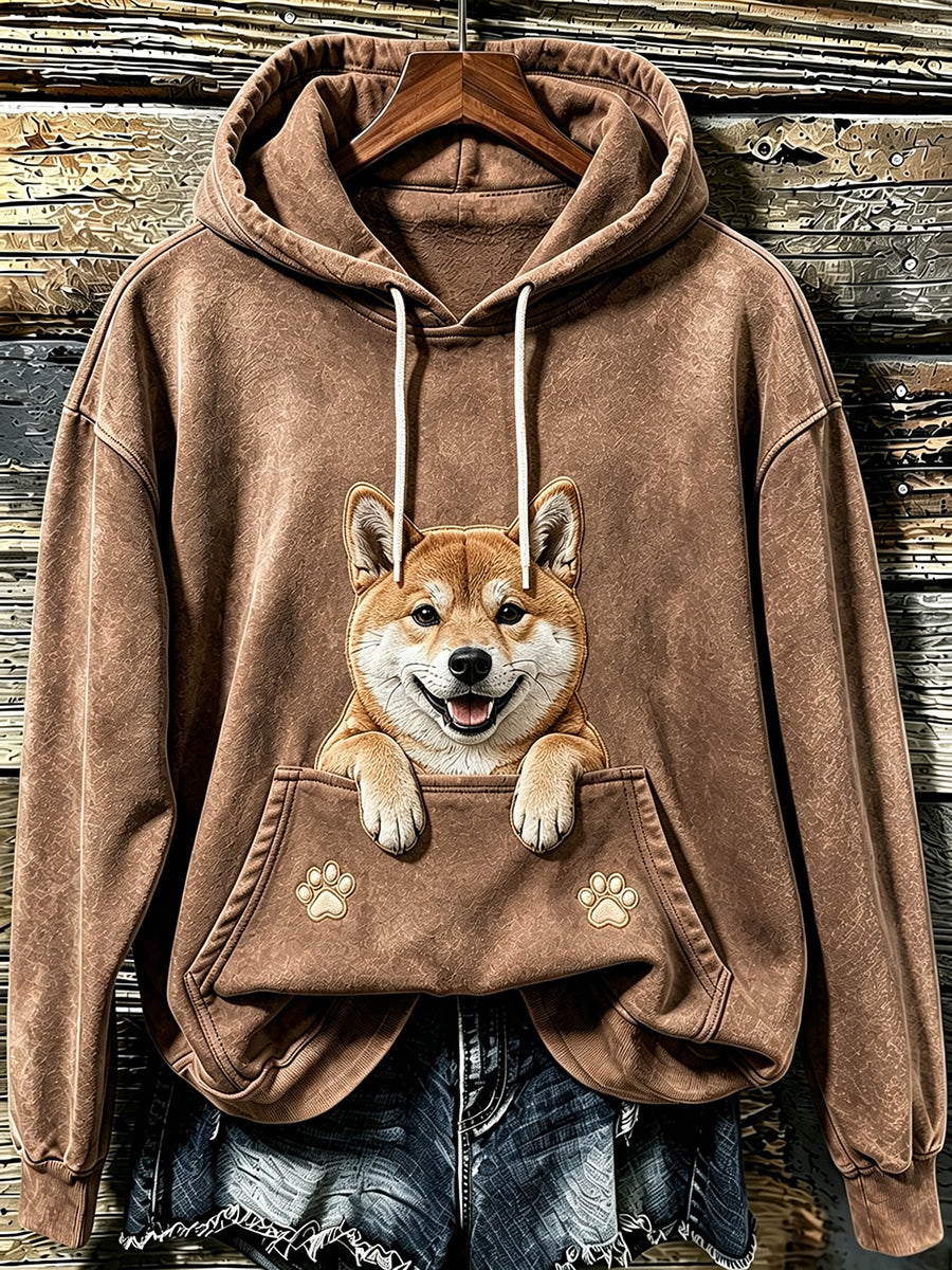 Women's Lovely Peeking Shiba Inu & Paws Print Hooded Sweatshirt