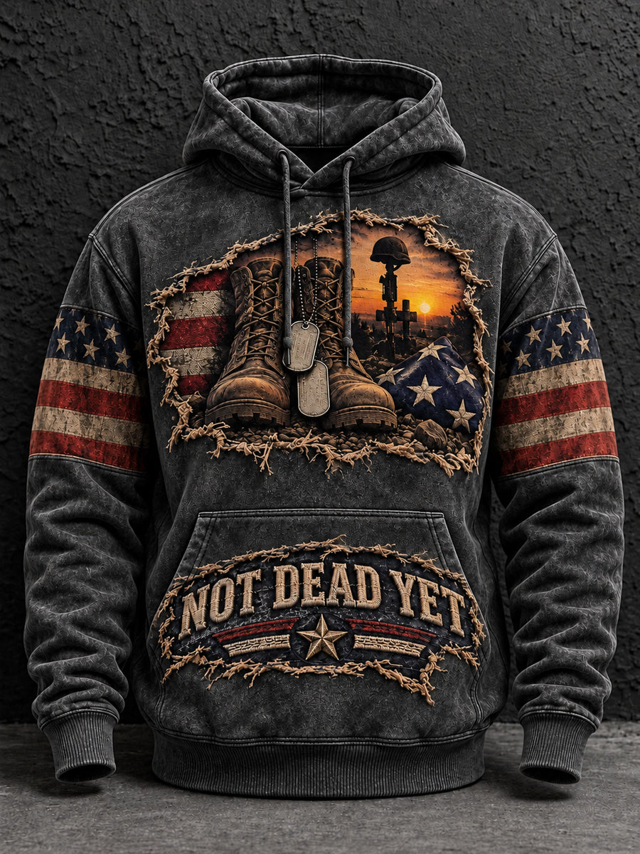 Men's Vintage-Style Veteran Graphic Oversized Drop-Shoulder Hoodie