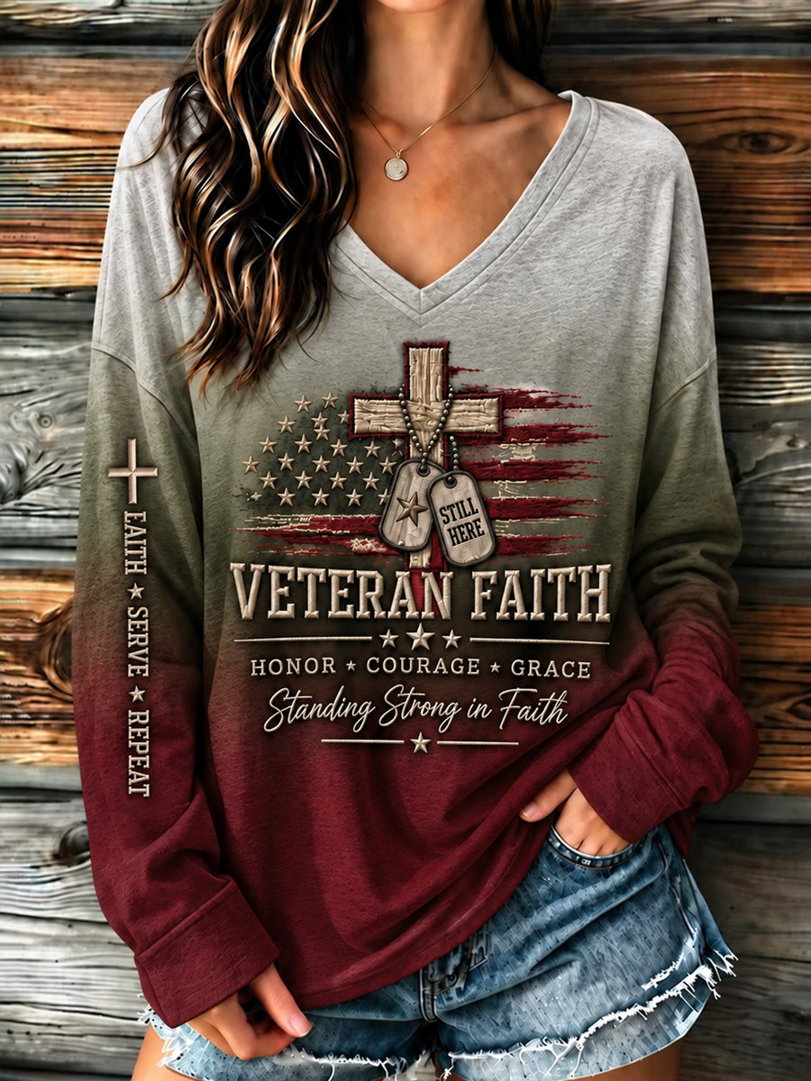 Women's U.S. Veterans Day Veteran Faith Art Print Casual Long-Sleeve T-Shirt