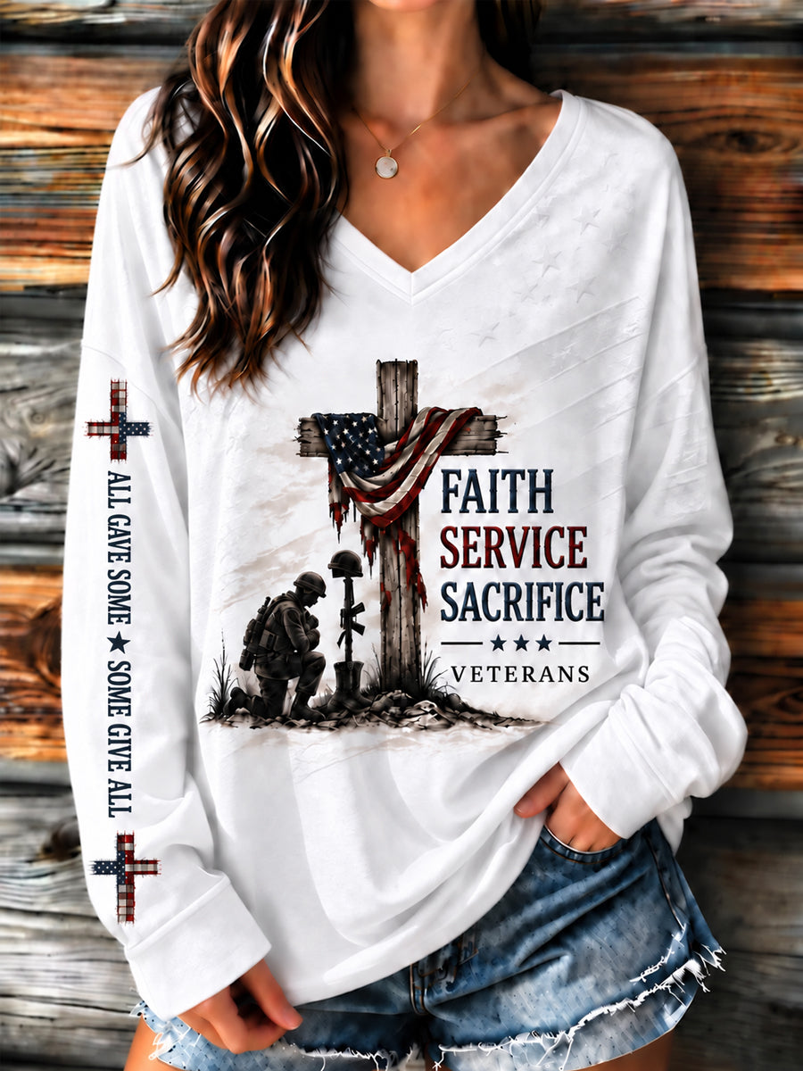Women's U.S. Veterans Day Veteran Faith Art Print Casual Long-Sleeve T-Shirt