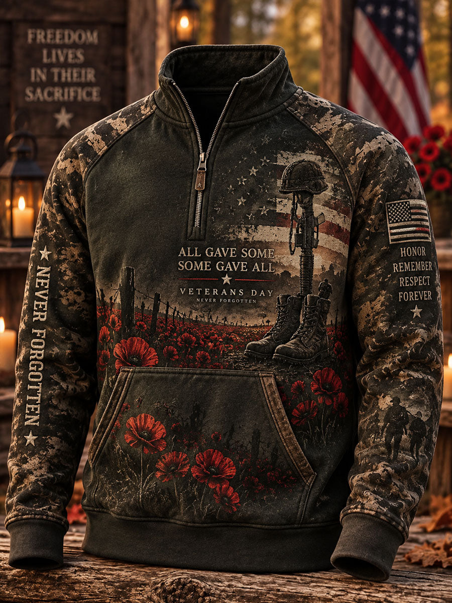 Men's Veterans Day Print Casual Zip-Up Sweatshirt