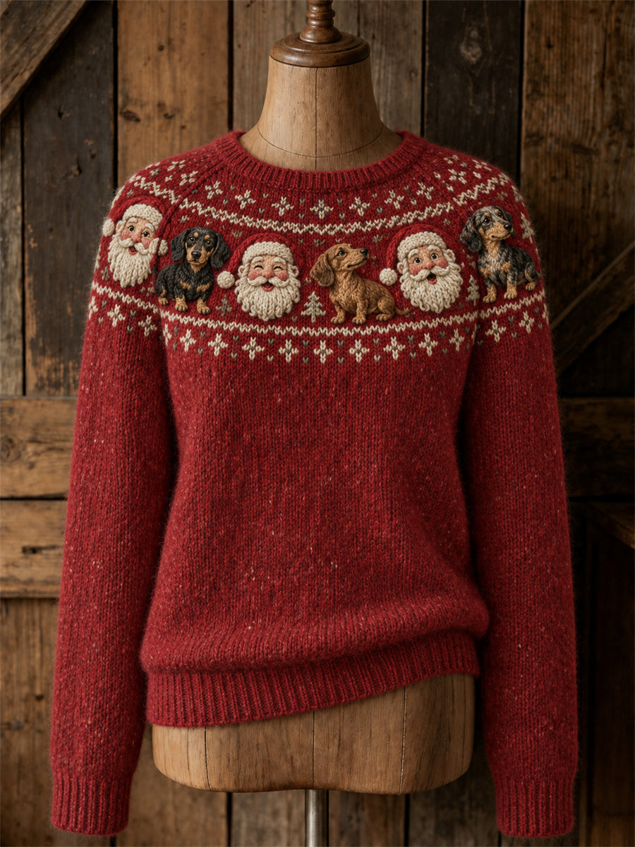 Women's Vintage Christmas Santa Claus & Dachshund Dogs Yoke Isle Print crew neck sweater