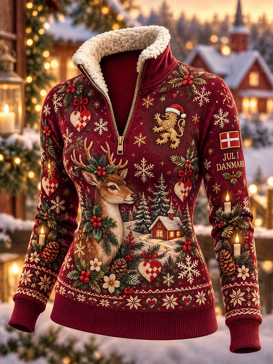 Women's Fleece-Lined High-Neck Sweatshirt With Christmas-Themed Print