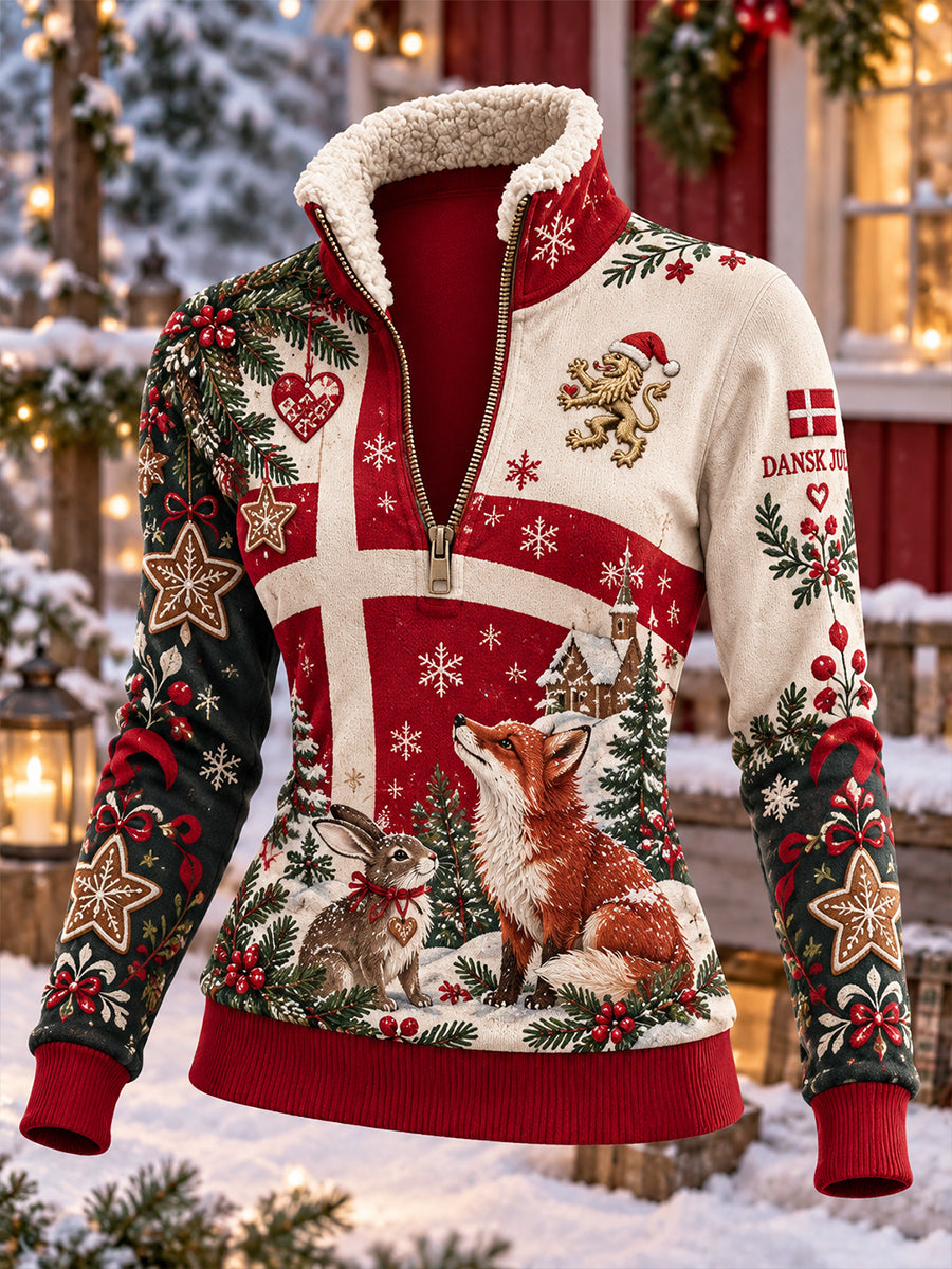 Women's Fleece-Lined High-Neck Sweatshirt With Christmas-Themed Print