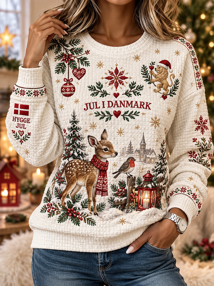 Women's Christmas-Print Waffle-Knit Long-Sleeve Sweatshirt