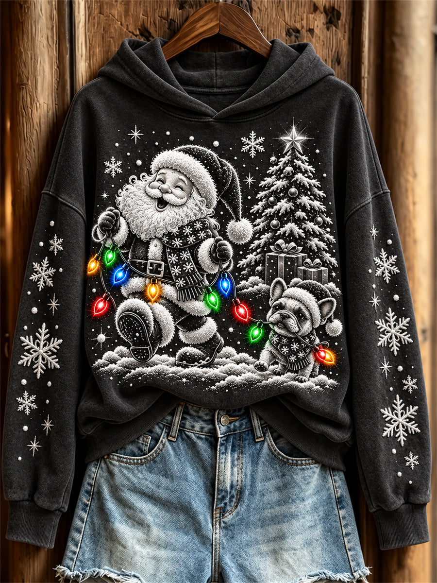 Women's Santa Claus & French Bulldog Colorful Christmas Lights Print Hoodie