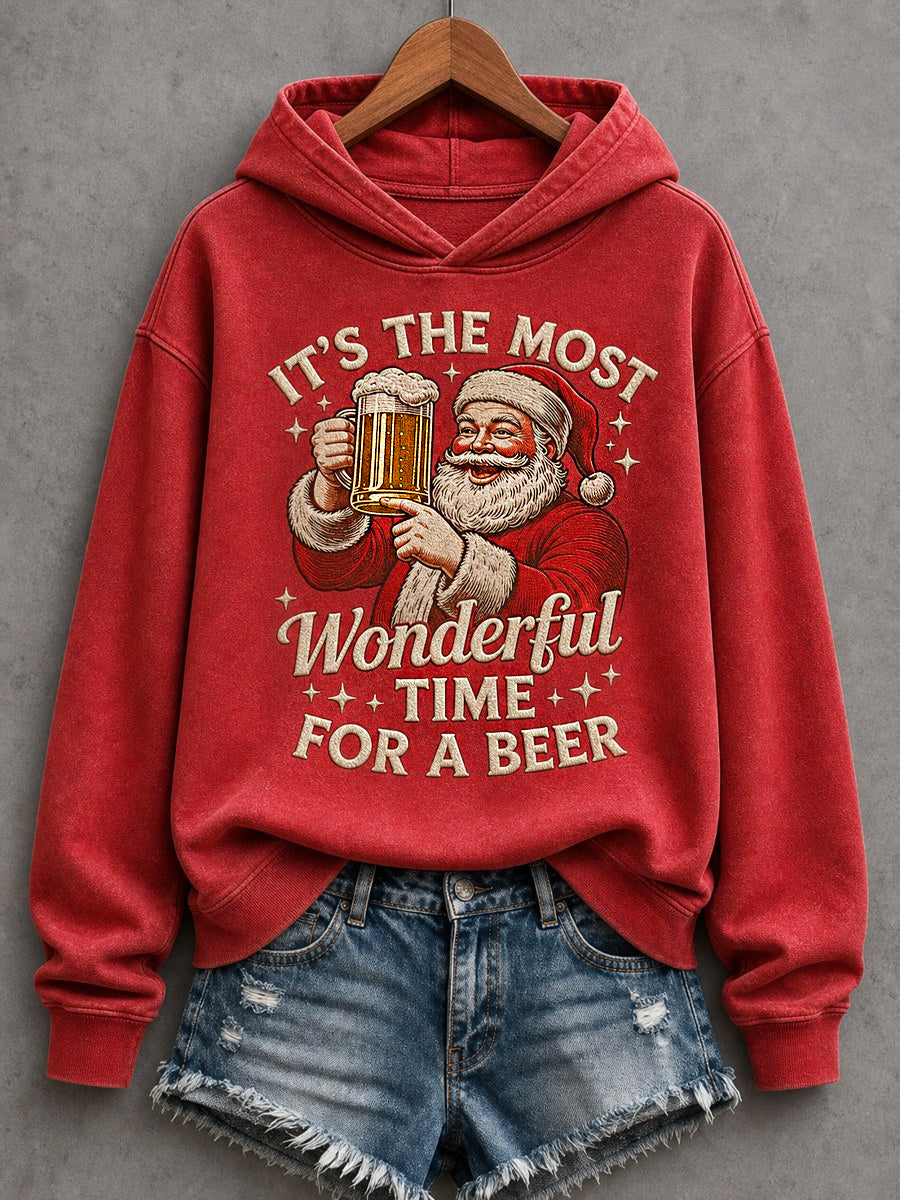 Women's Christmas Funny Santa Claus It‘s The Most Wonderful Time For A Beer! Print Casual Hoodie
