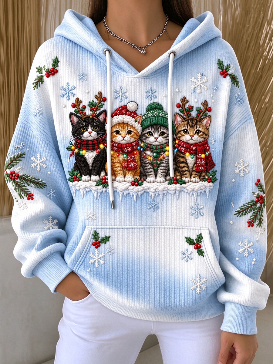 Women's Cute Christmas cat Printed Hoodie