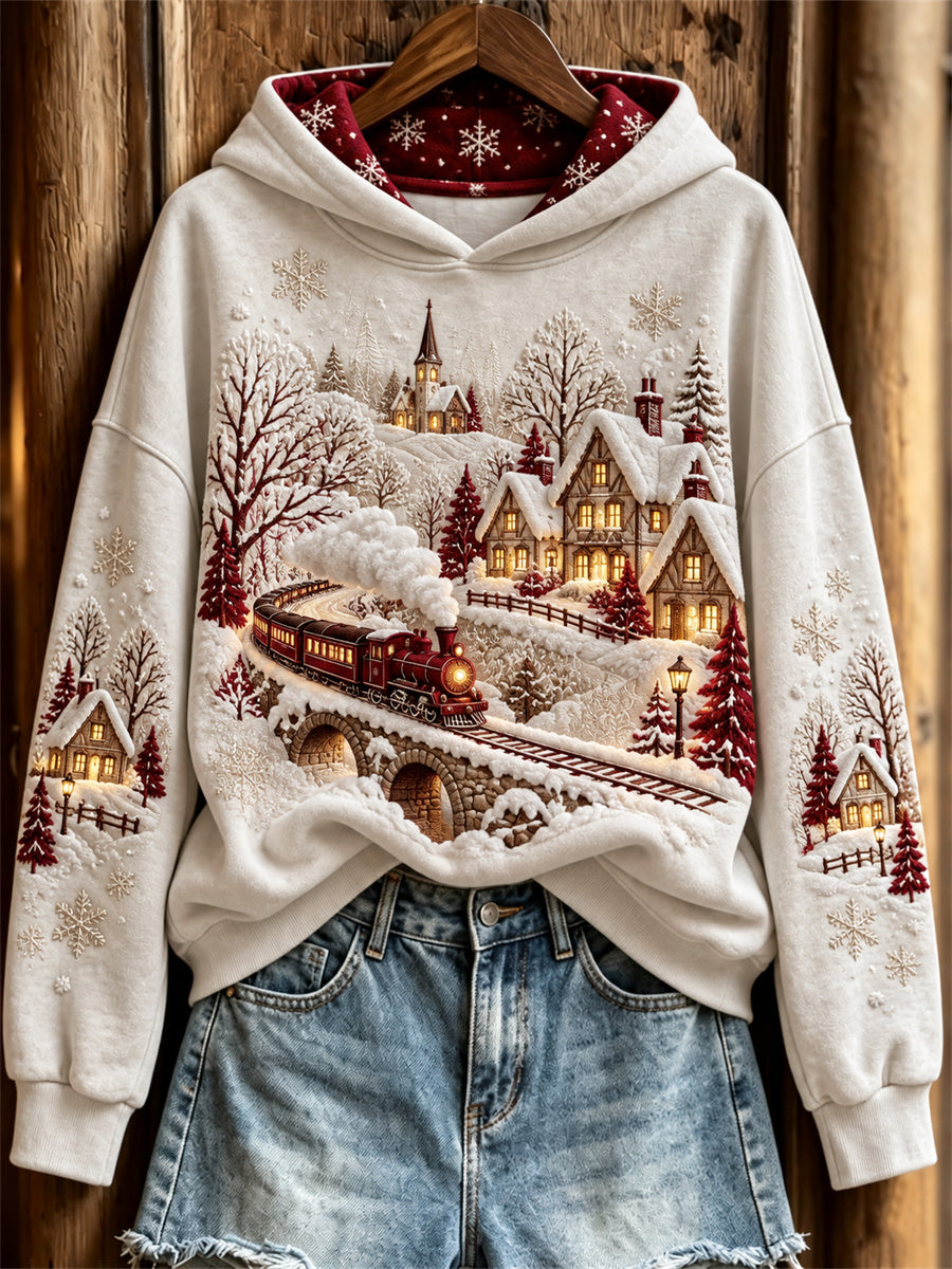 Women's Christmas Train Snowy Landscape Print Cozy Hoodie