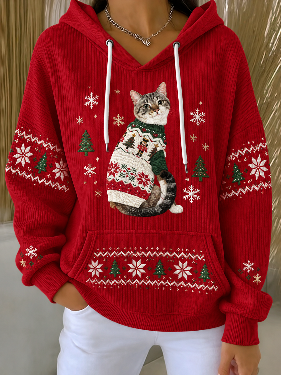 Women's Cute Christmas cat Printed Hoodie