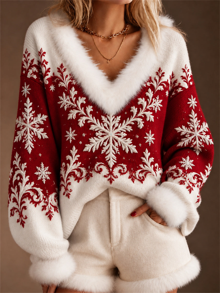 Women's Classy Christmas Snowflakes Contrast Color Print Fur Trim V Neck Sweater
