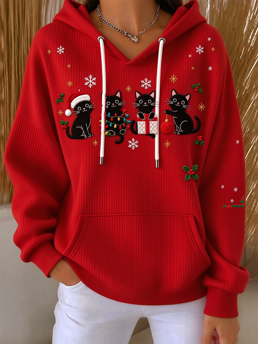 Women's Cute Christmas cat Printed Hoodie
