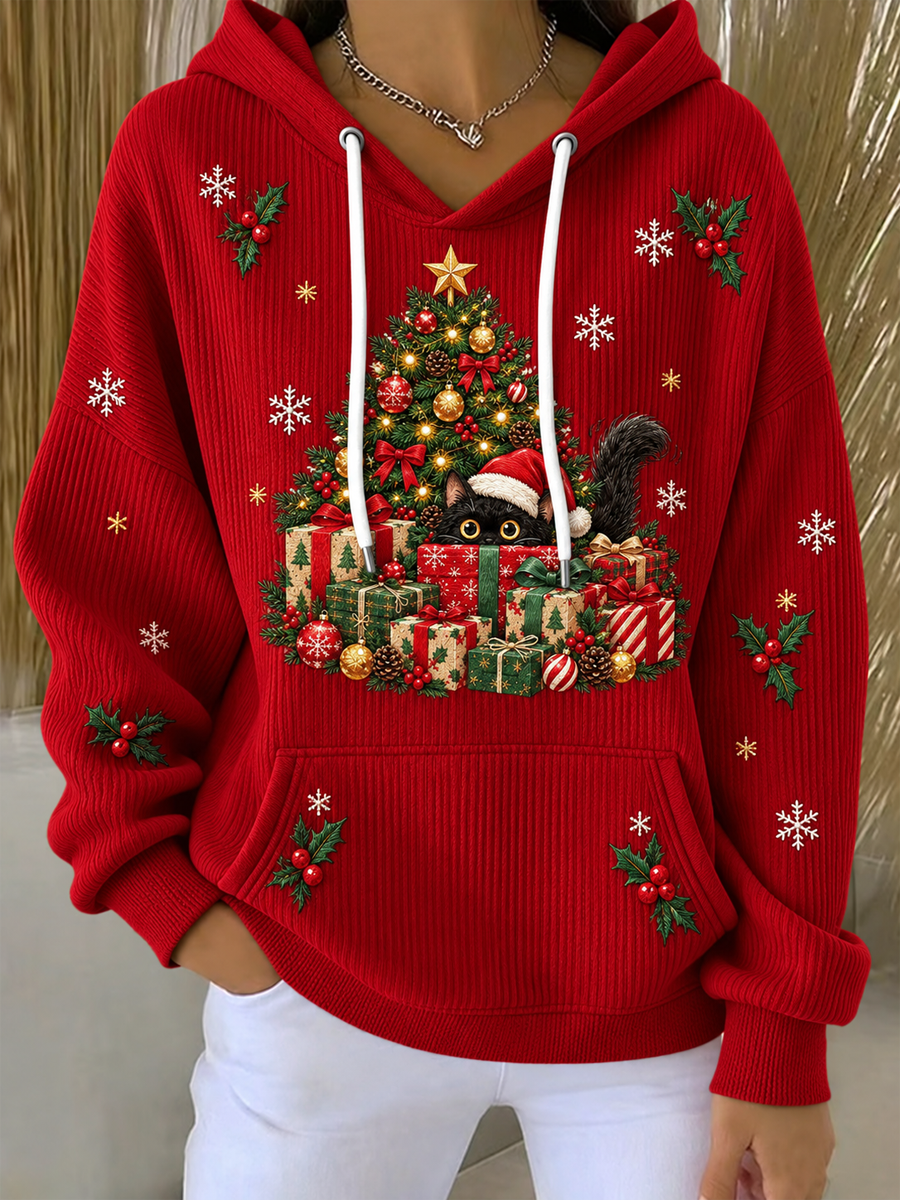 Women's Cute Christmas cat Printed Hoodie