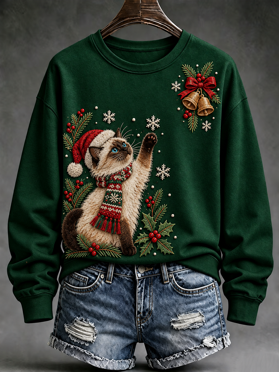 Women's Christmas cat print Regular Sweatshirt