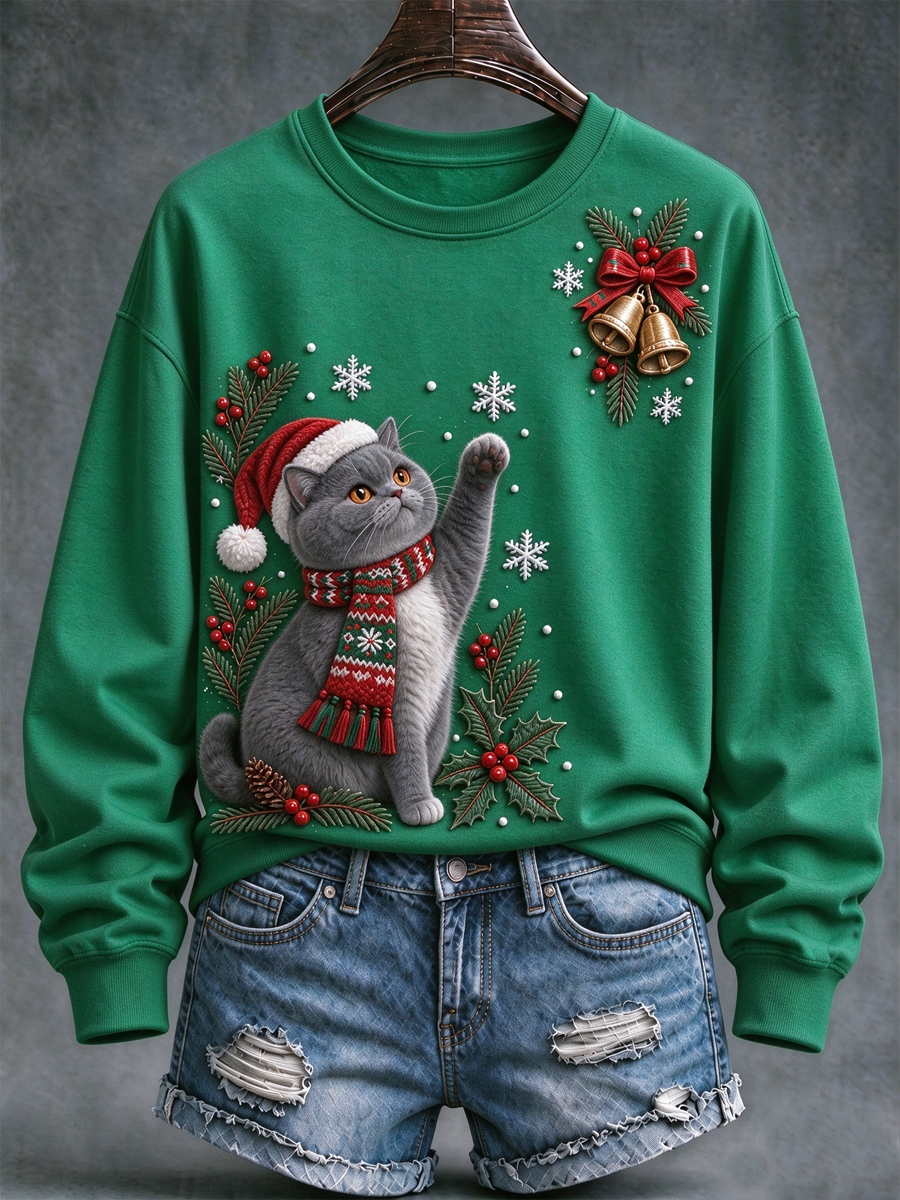 Women's Christmas cat print Regular Sweatshirt