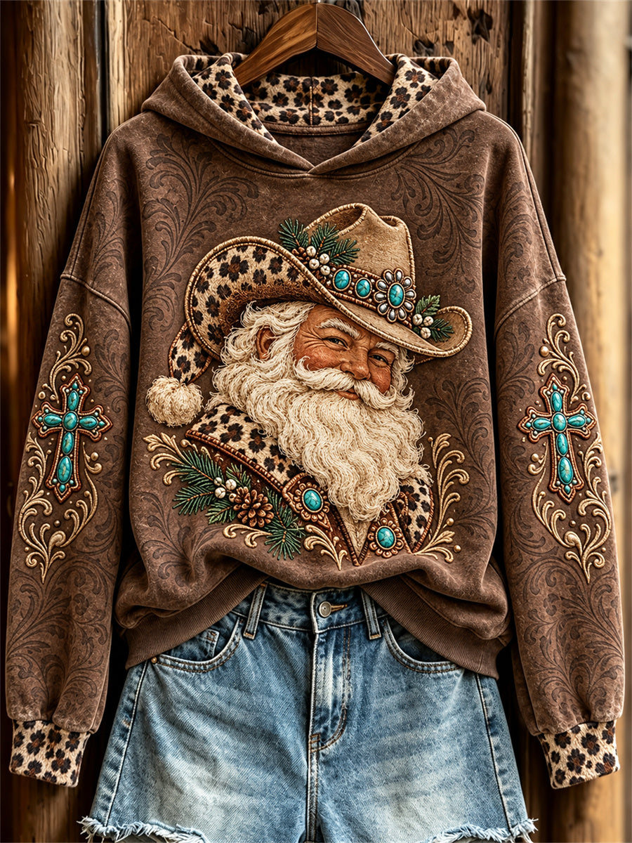 Women's Vintage Christmas Western Santa Claus & Cross Print Hoodie