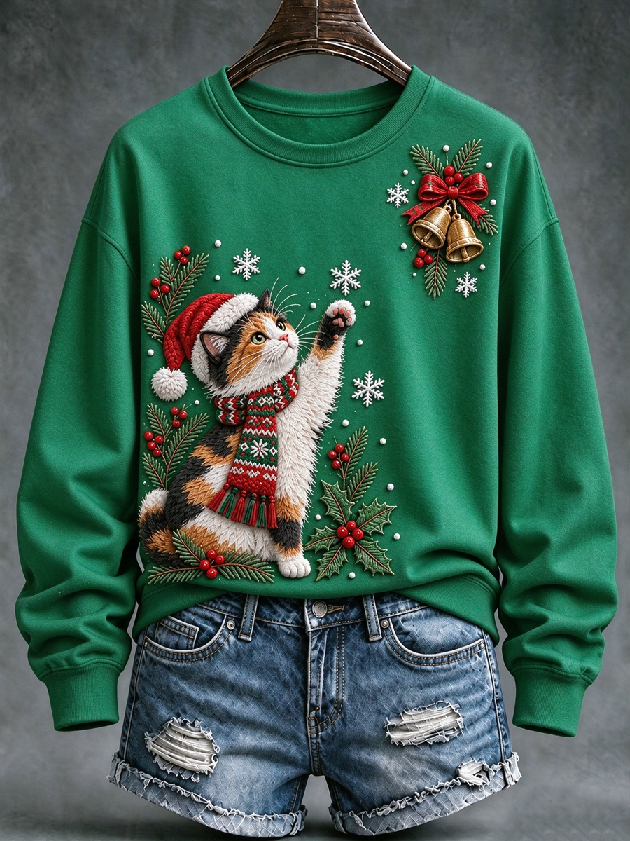 Women's Christmas cat print Regular Sweatshirt