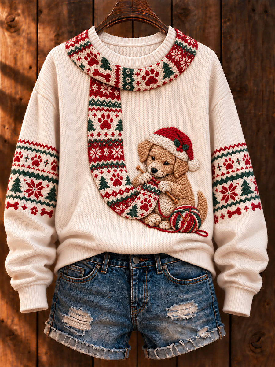 Women's Christmas 'Labrador Retriever Knitting a Scarf' Printed Casual Sweater
