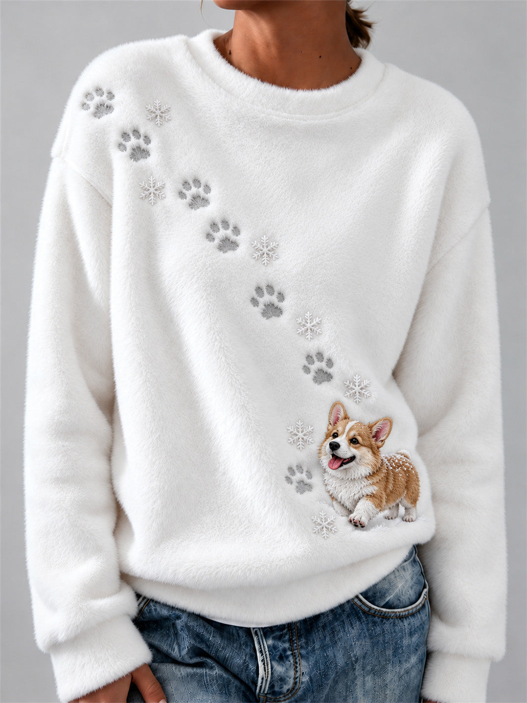 Women's Winter Snowy Corgi Pattern Casual Flannel Sweatshirt