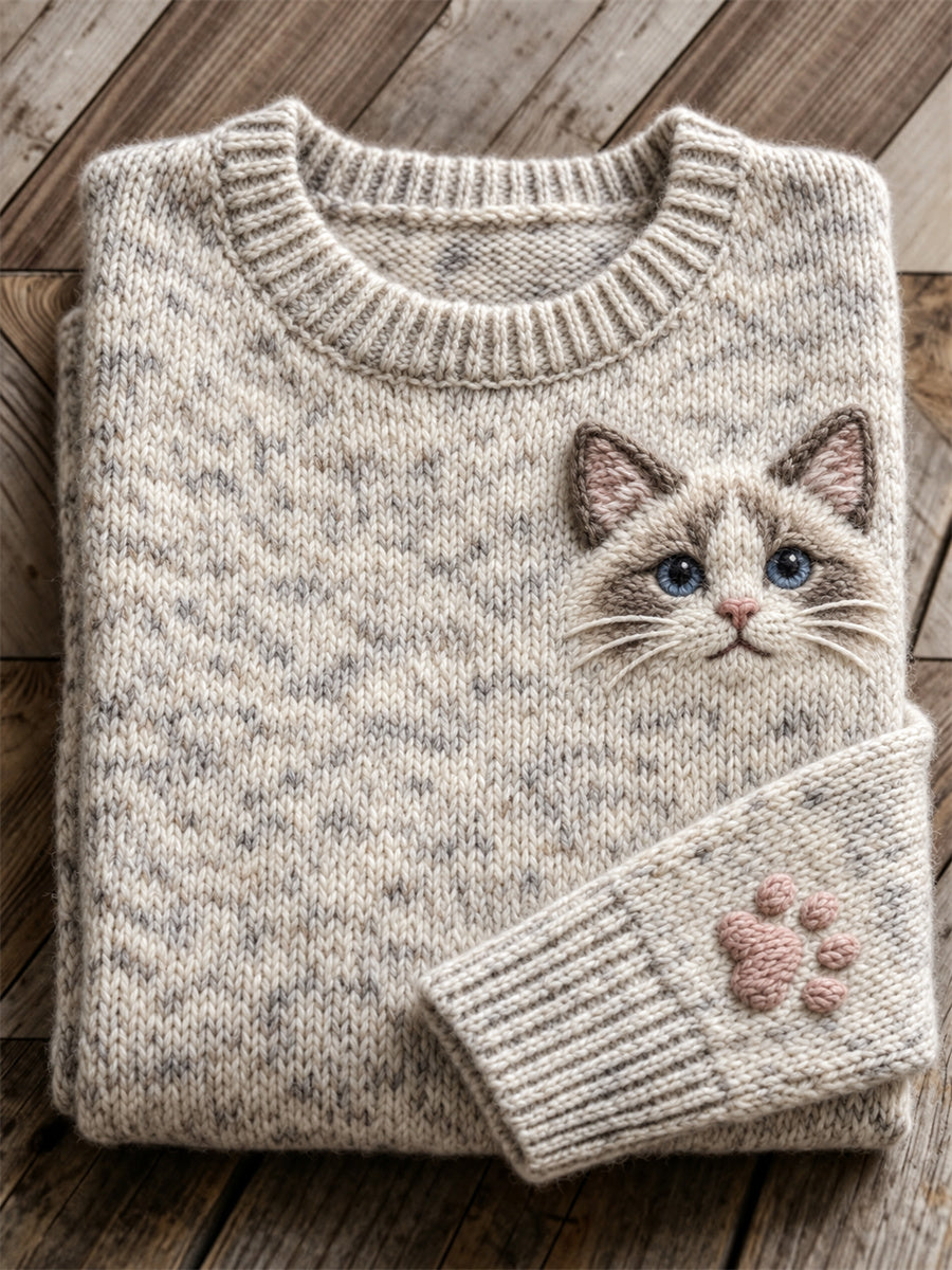 Women's Lovely Ragdoll Cat Face & Paw Print crew neck sweater