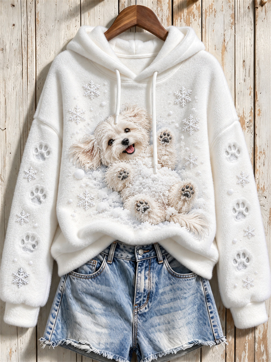 Women's Maltese Dog in the Snow Paw Prints & Snowflakes Print Flannel Hoodie