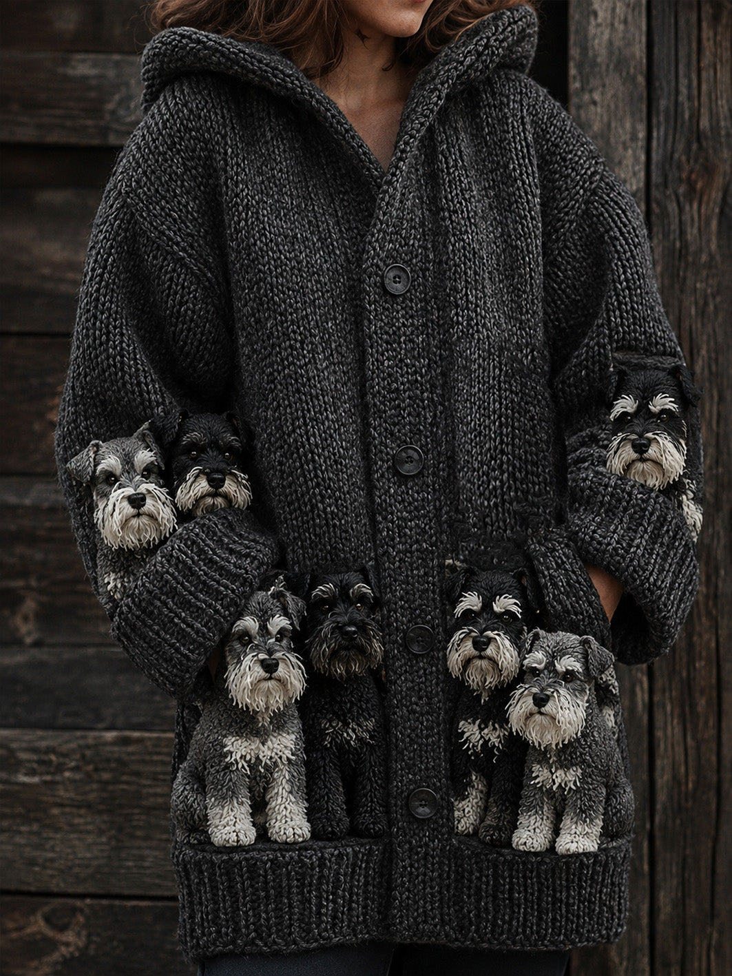 Women's Schnauzers Pattern Causal Composite Fleece Long Coat