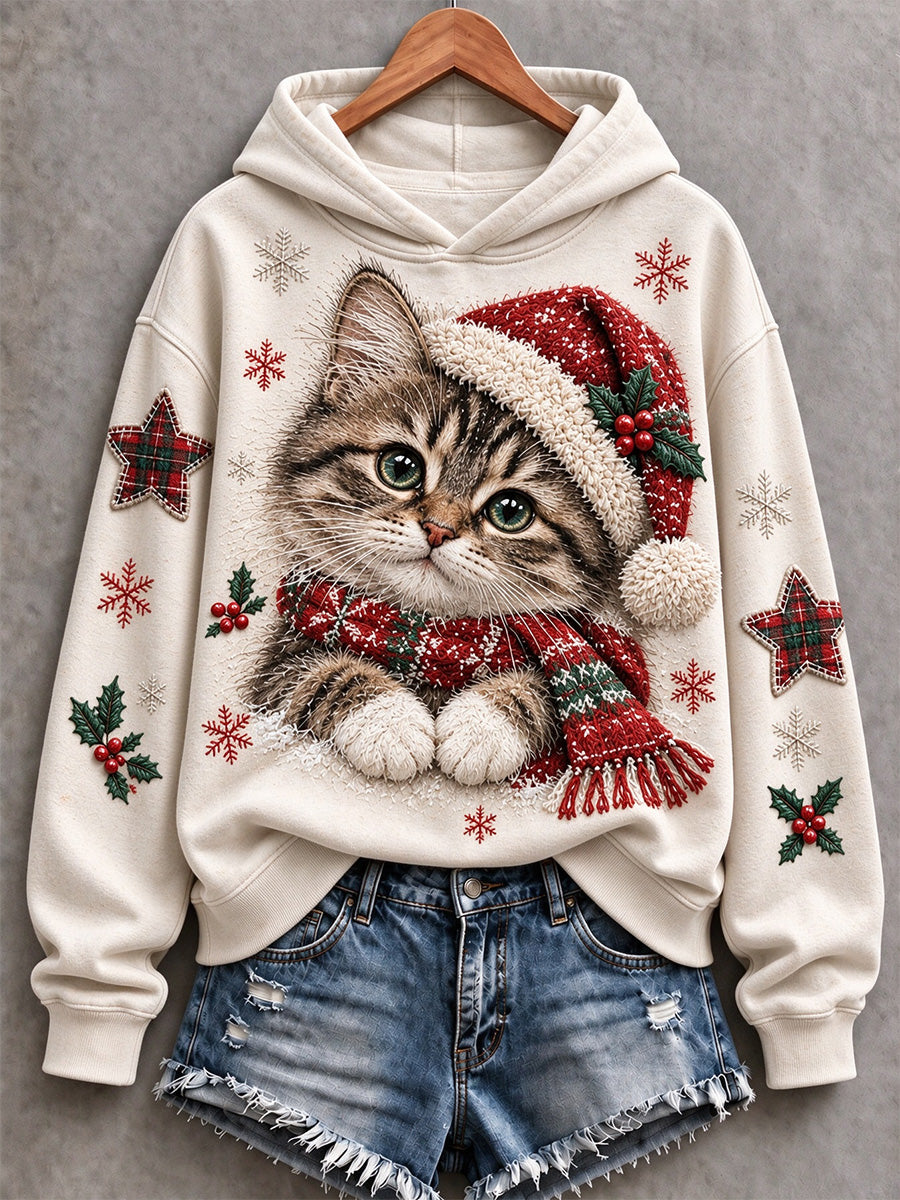 Women's Vintage Cute Christmas Cat Print Cozy Hoodie