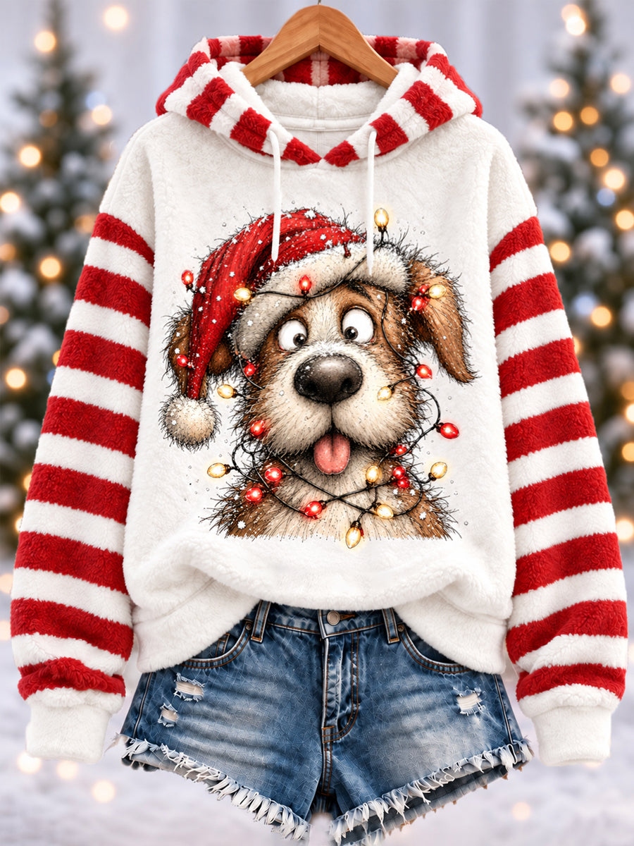 Women's Cute Christmas Dog Print Casual Flannel Hoodie
