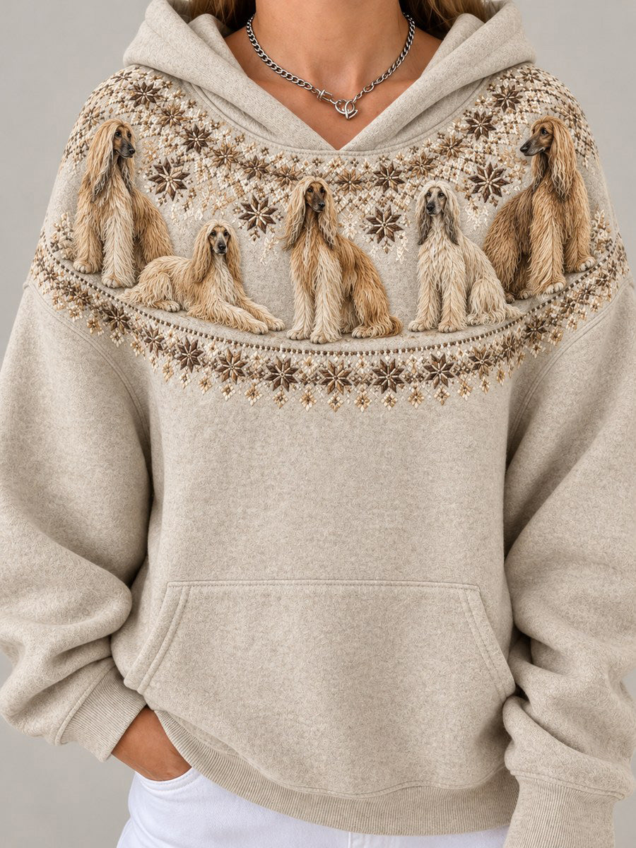 Women's Vintage Afghan Hound Dogs Yoke Isle Pattern Print Hoodie