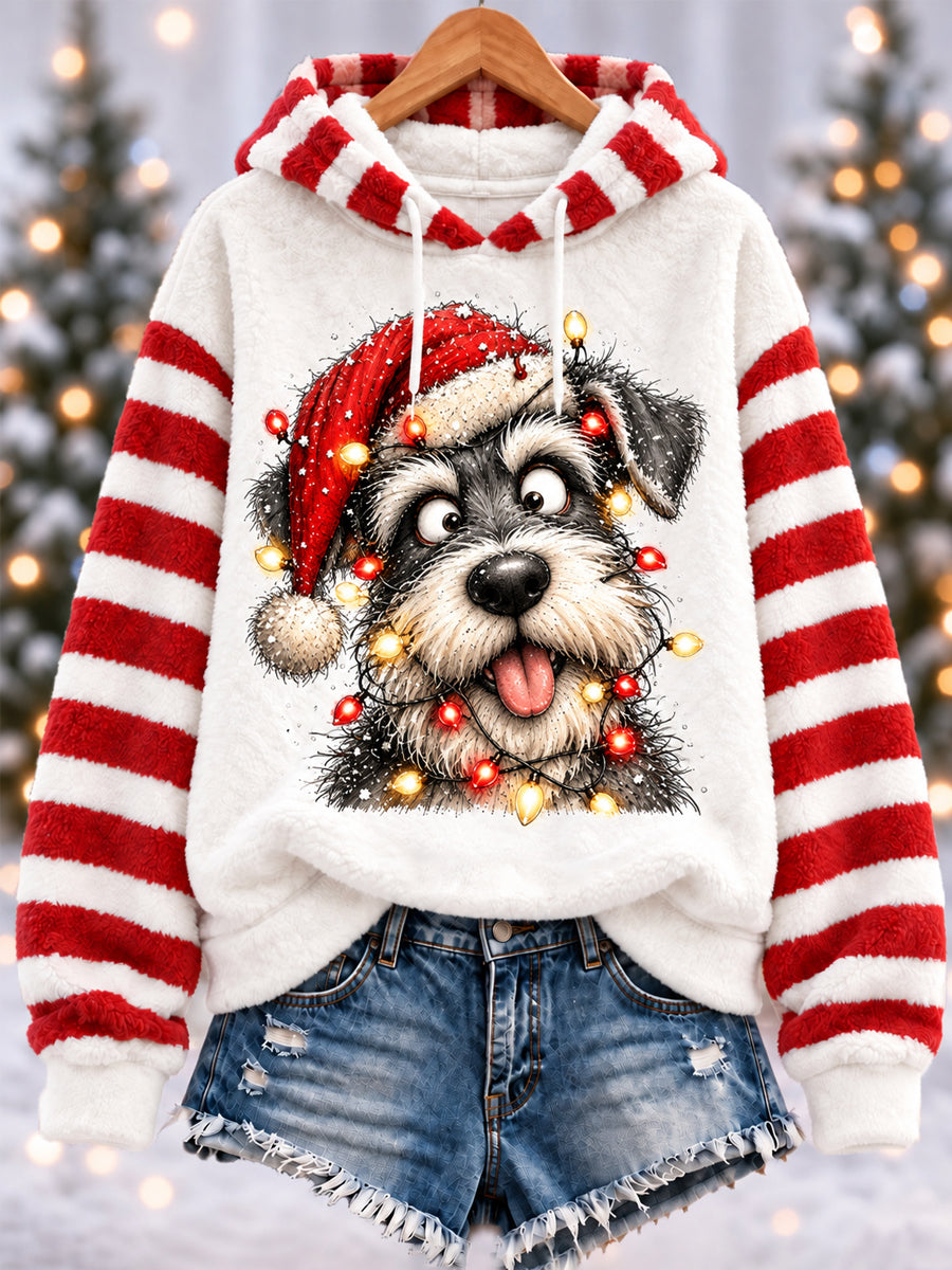 Women's Funny Cute Christmas Schnauzer Print Casual Flannel Hoodie