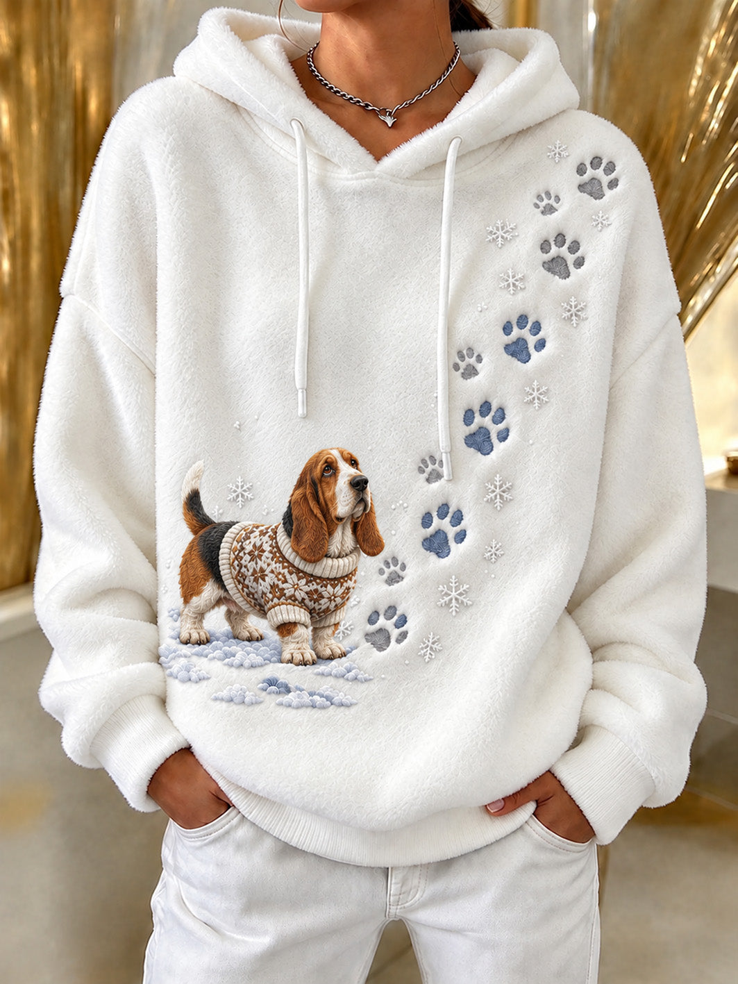 Women's Winter Basset Hound Pattern Causal Flannel Hoodie