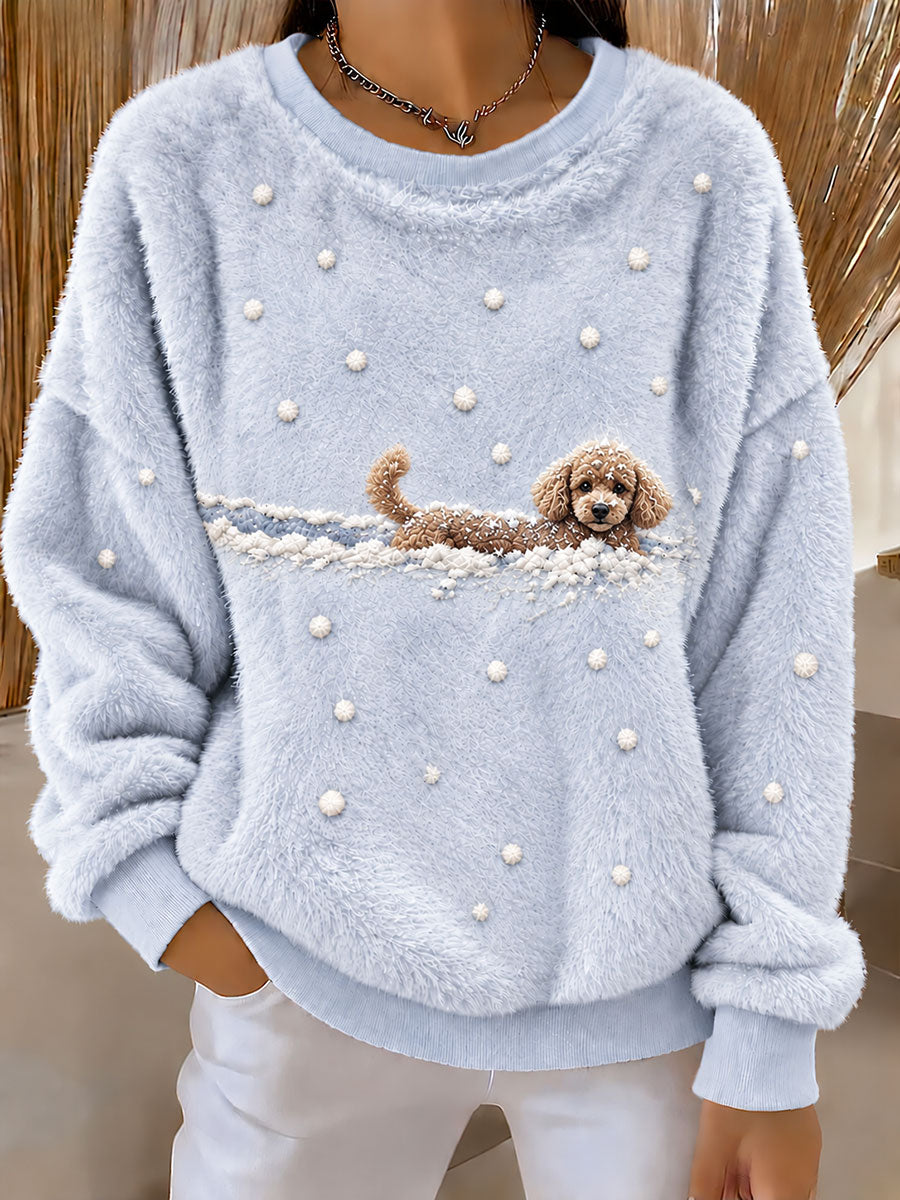 Women’s Poodle in the Snow Winter Printed Casual Flannel Sweatshirt