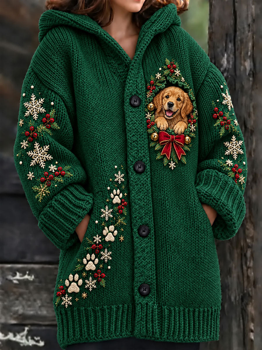 Women's Christmas Funny Dog Art Print Composite Fleece Long Coat