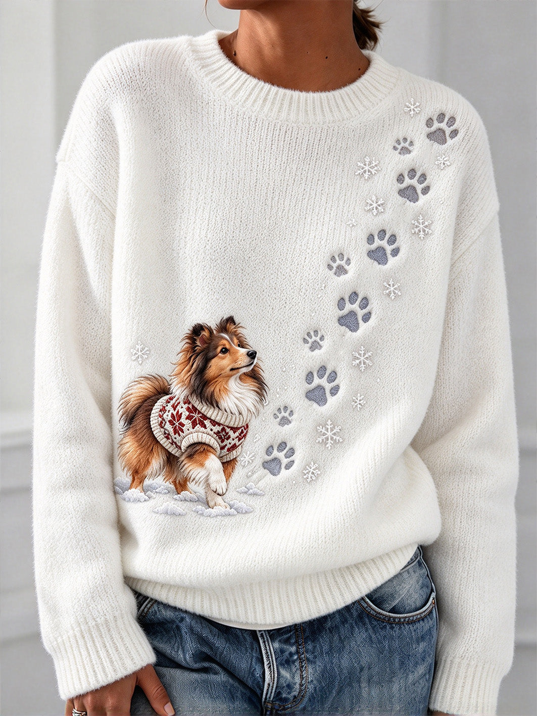 Women's Winter Shetland Sheepdog Pattern Causal Crew Neck Sweater