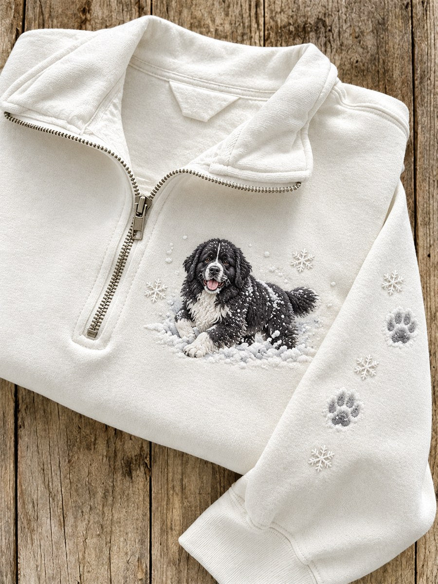 Women's Snowy Winter Newfoundland Dog in the Snow Print Zip Up Sweatshirt