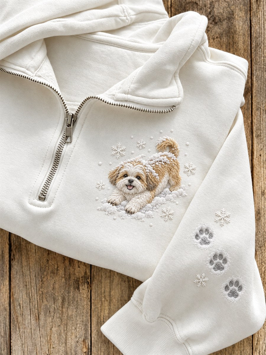Women's Snowy Winter Shih Tzu Dog in the Snow Print Zip Up Sweatshirt
