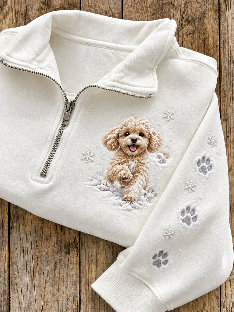 Women's Snowy Winter Poodle Dog in the Snow Print Zip Up Sweatshirt