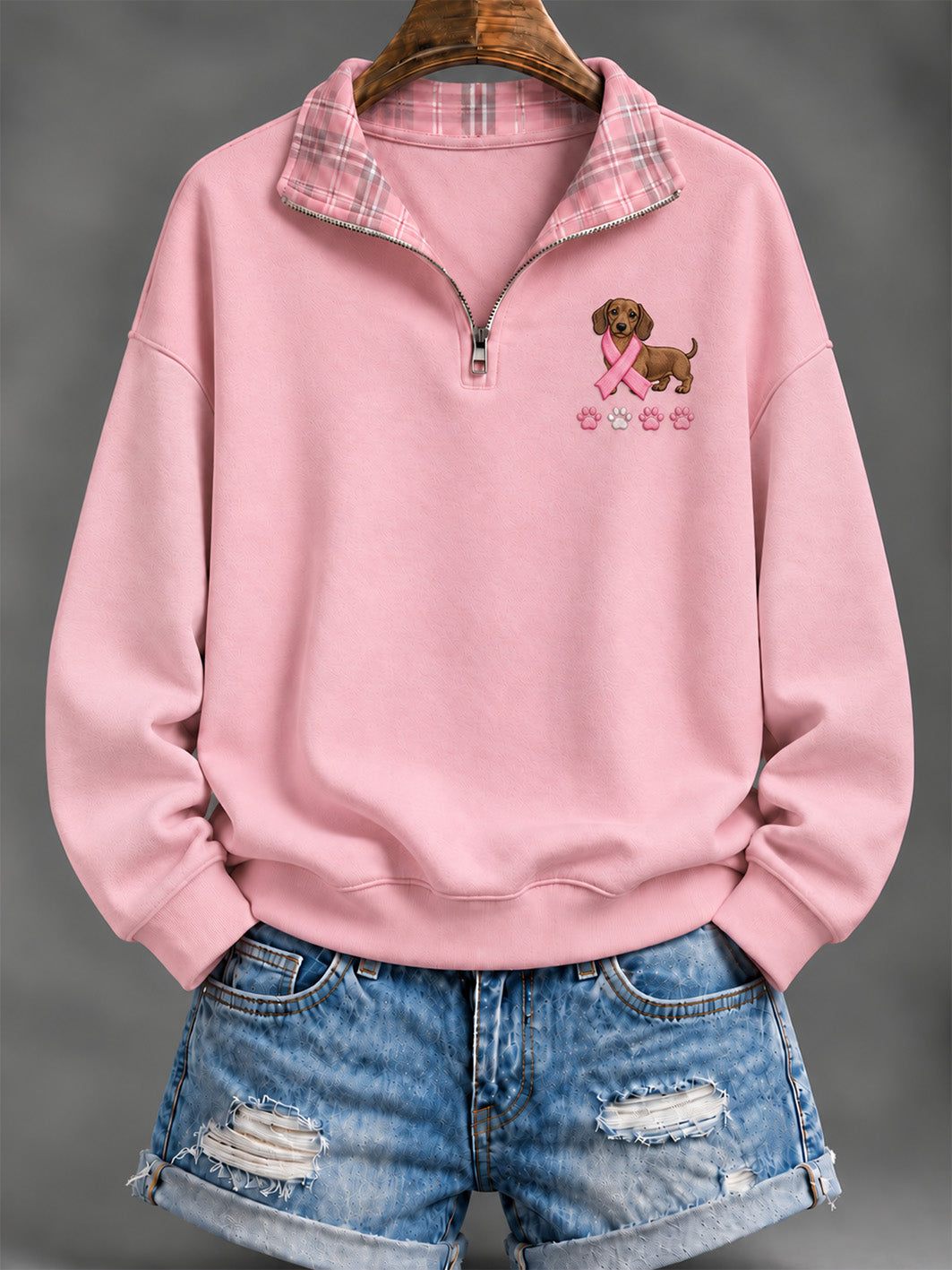 Women's Pink Charity Ribbon And Dachshund Pattern Checkered Design Casual Half-Zip Sweatshirt