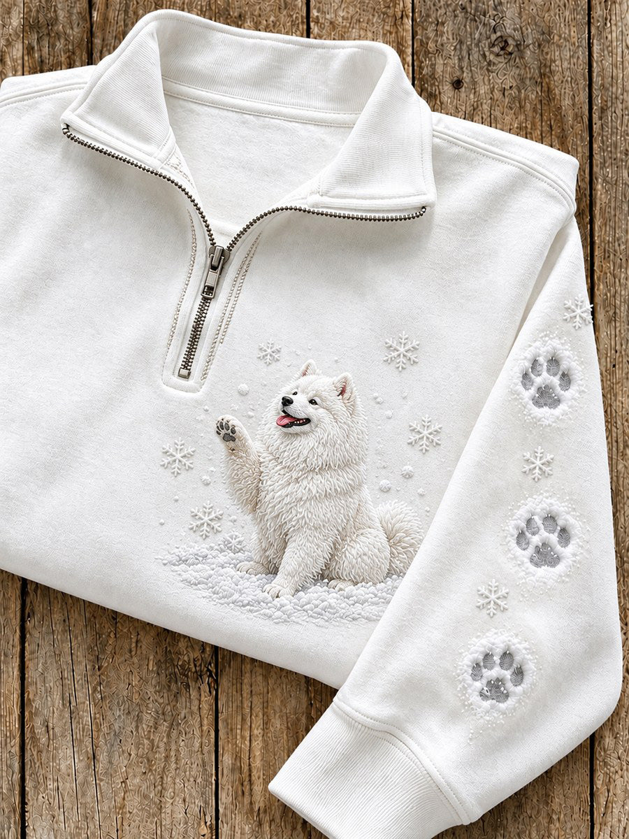 Women's Snowy Winter Samoyed Dog In the Snow Print Zip Up Sweatshirt