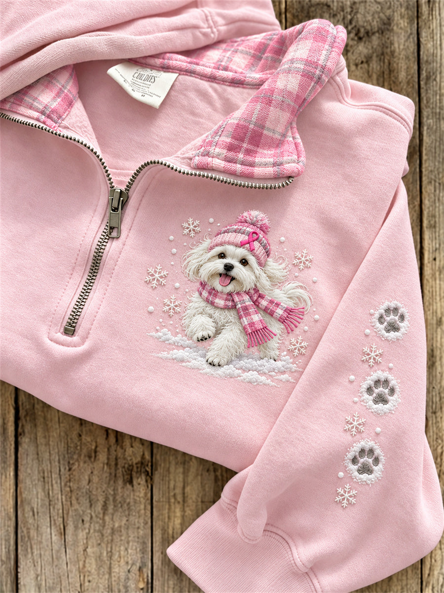 Women's Snowy Winter Maltese Dog Breast Cancer Pink Ribbon Plaid Print Zip Up Sweatshirt