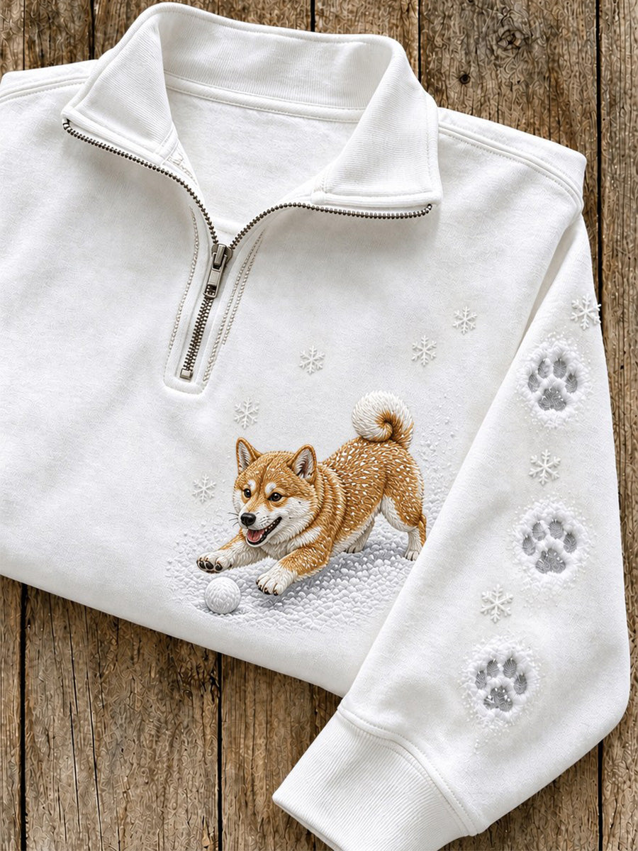 Women's Snowy Winter Shiba Inu Dog In the Snow Print Zip Up Sweatshirt