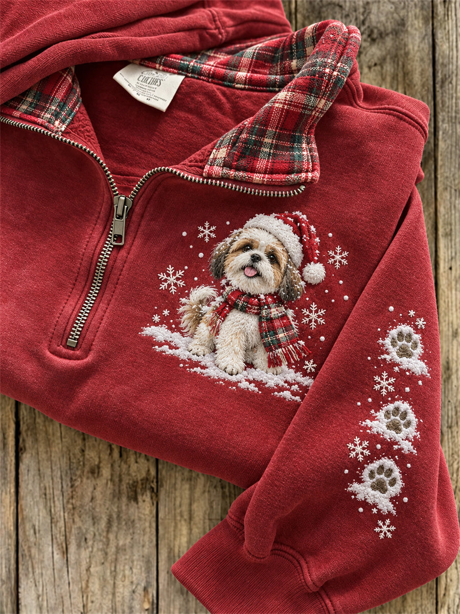 Women's Snowy Christmas Shih Tzu Dog & Paw Prints Plaid Print Sweatshirt