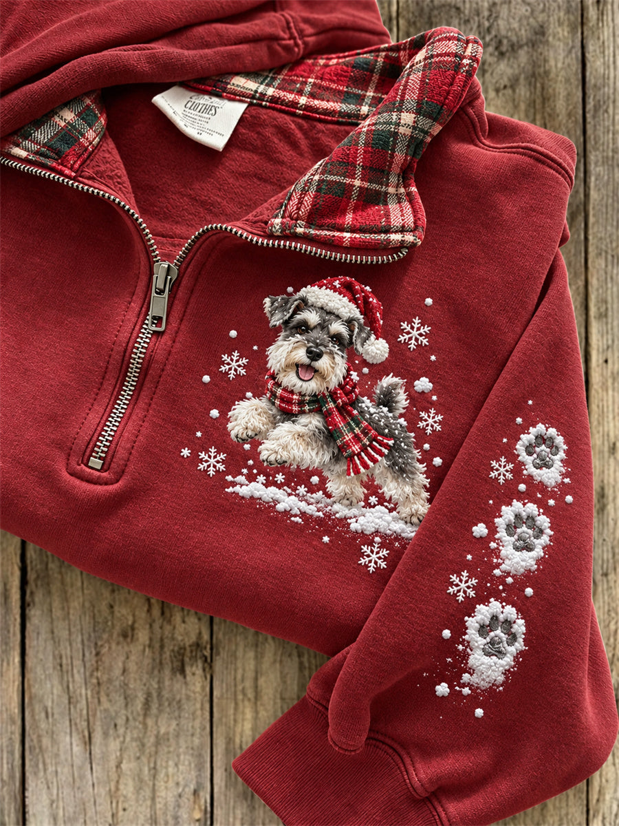 Women's Snowy Christmas Schnauzer Dog & Paw Prints Plaid Print Sweatshirt