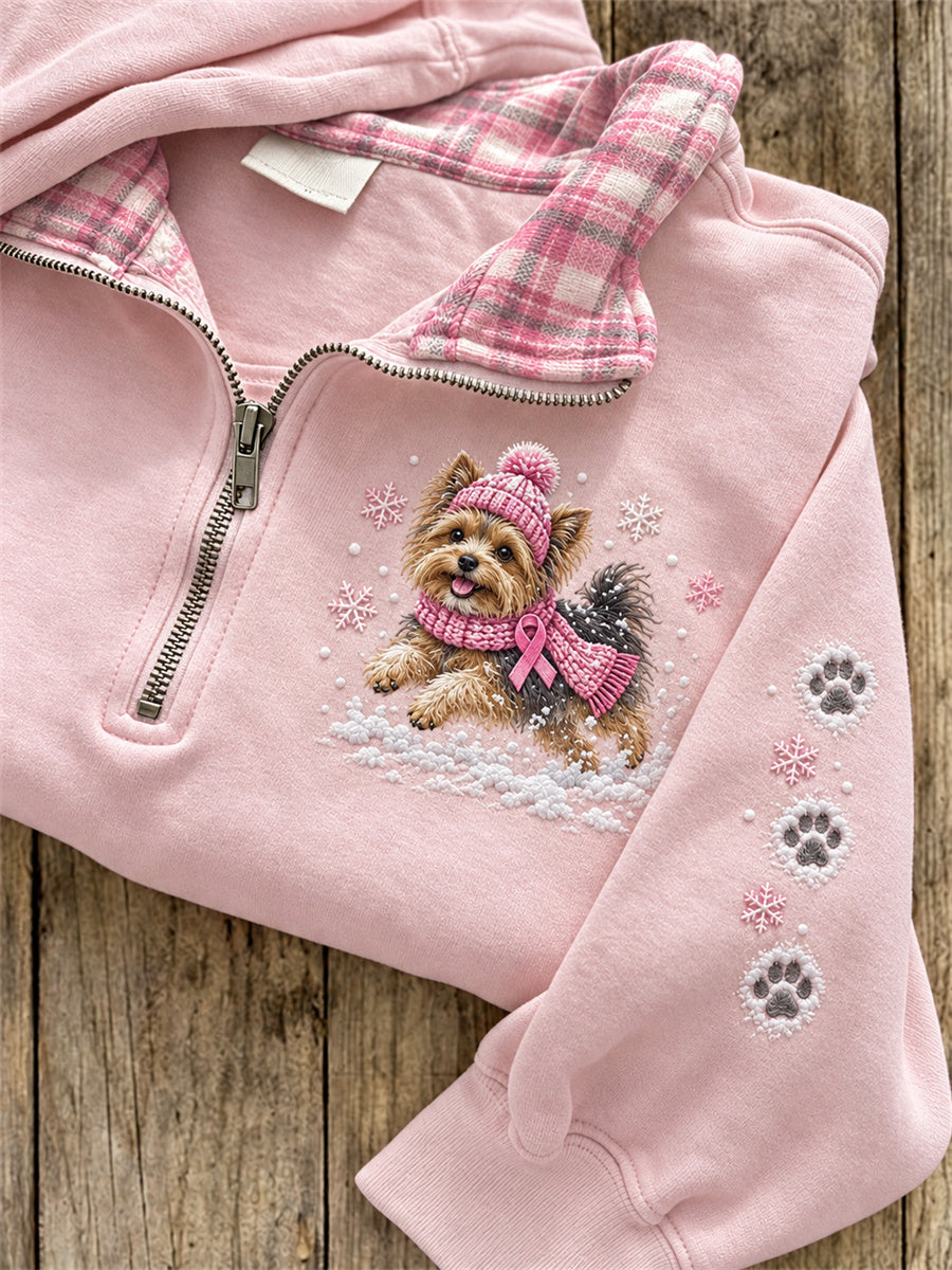 Women's Snowy Winter Yorkie Dog Breast Cancer Pink Ribbon Plaid Print Zip Up Sweatshirt