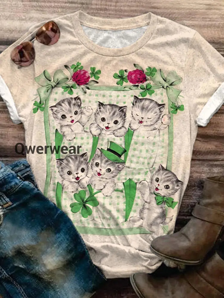 St. Patrick’s Day Cat Print Crew Neck T-shirt As Picture / S Women\’s Tops