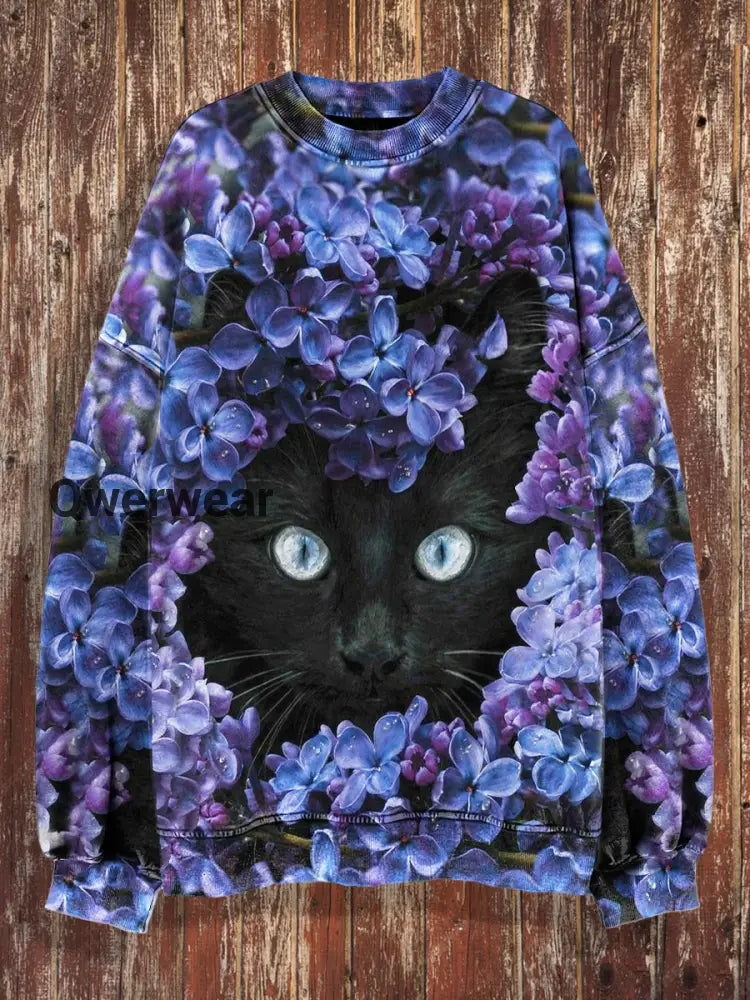 Unisex Black Cat Print Crew Neck Casual Sweatshirt Purple / S