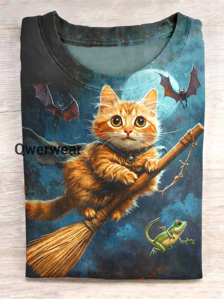 Unisex Broomstick Cat Print Casual T-shirt Blue / S