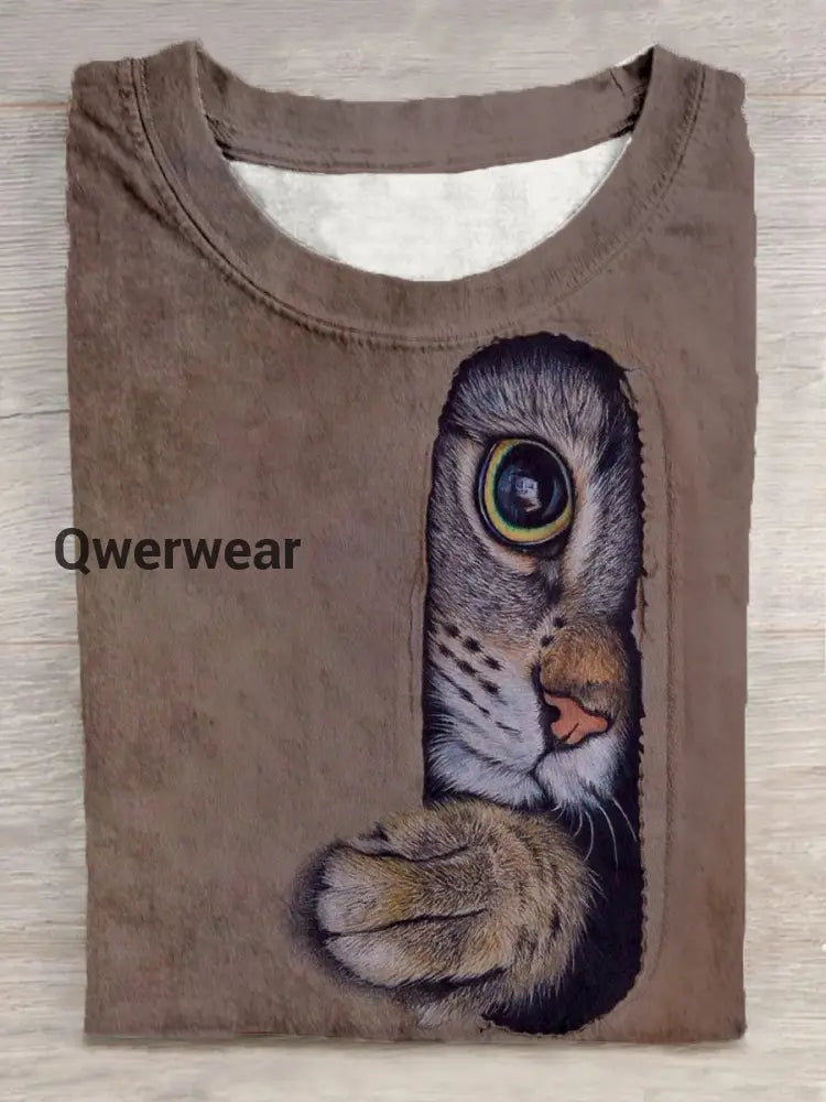 Unisex Cat Out of Cardboard Casual Round Neck Short Sleeve T-shirt Brown / S