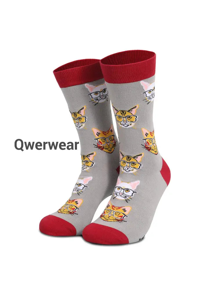 Unisex Cat Print Color Block Thermal Stockings
