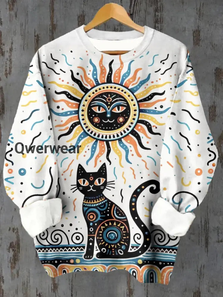 Unisex Cat Sun Pattern Casual Crew Neck Long Sleeve Sweatshirt White / S